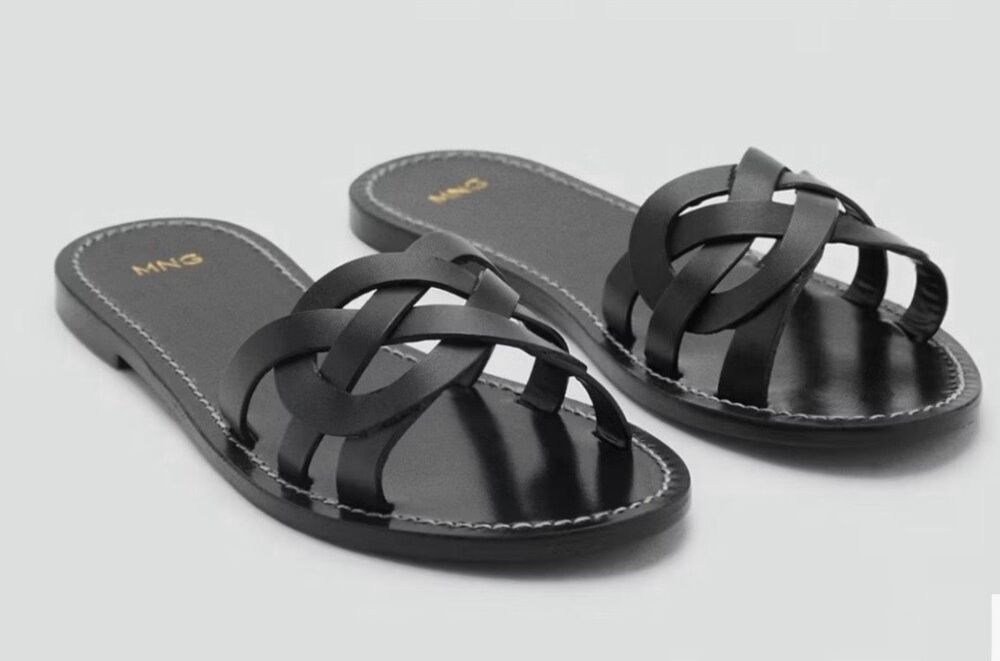MNG by Mango Leather Braided Strap Slide Sandals Black 39 8.5-9 NWT